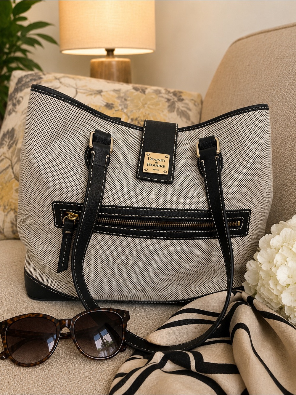 Dooney & Bourke Cabriolet Woven Shopper Tote Black White Leather Trim - Picture 3 of 16